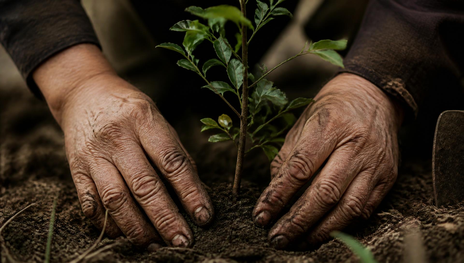 Hands planting a sapling in dark soil