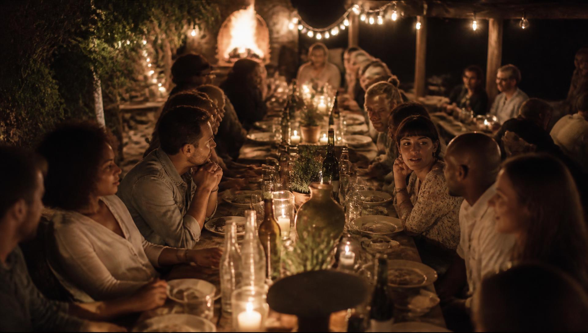 A long communal table lit by lanterns at dusk